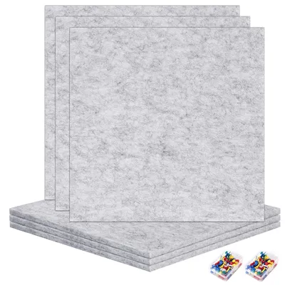 Image de 6 panneaux en feutre, 30 x 30 cm, adhésifs, 7 mm d'épaisseur, gris argenté, livrés avec 100 punaises. Alternative au liège, décoration murale, tableau d'affichage, idéal pour le bureau, l'école, la maison et la cuisine