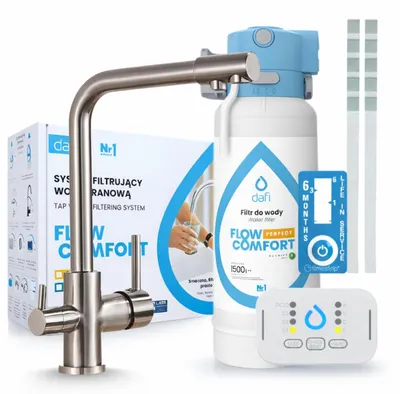Image de Robinet de cuisine Ari 3 voies, modèle Venom, en acier inoxydable, robinet pour évier, livré avec le système de filtration d'eau Dafi D1, installation sous l'évier, pivotement à 360°