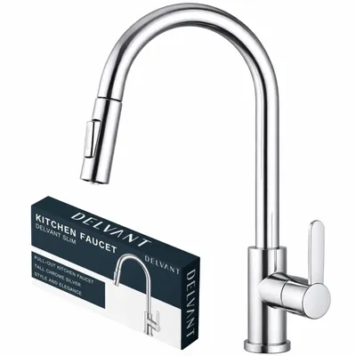 Produktbild von Delvant SLIM Küchenarmatur Chrom Silber, Wasserhahn mit ausziehbarer Brause, 360° schwenkbar, Edelstahl Einhebelmischer für Spüle, 2 Strahlarten