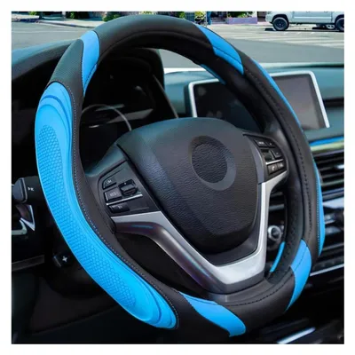 Productafbeelding van Stuurhoes auto, microvezel, lederlook, sportief, antislip, 38 cm, zwart/blauw