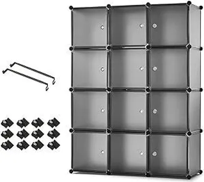 Produktbild von Mondeer 12 Kubus Kunststoff Kleiderschrank Garderobenschrank Steckregal Kombischrank Schrank Regalsystem mit 2 Kleiderstange 110*145*37cm Grau