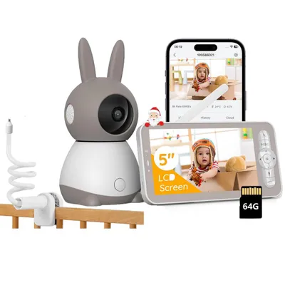 Produktbild von 5 Zoll Babyphone mit Kamera 2K WLAN Video babyfone PTZ IR-Nachtsicht Automatische Verfolgung Weinen/Bewegungs/Geräuscherkennung mit Halterung & 64G