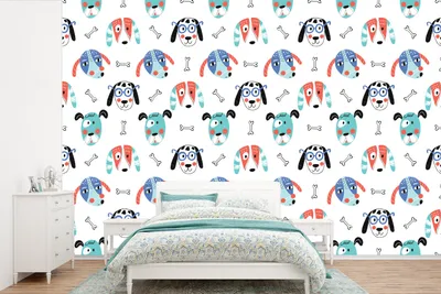Produktbild von MuchoWow® Fototapete für Wohnzimmer oder Schlafzimmer Wandtapete Vinyl Motivtapete Jungen - Muster - Hund - 450x300 cm - Gemusterte