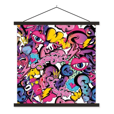 Produktbild von MuchoWow® Textilposter Design - Superstar - Cool - Muster - Lippen - Kinder 60x60 cm mit schwarzem Rahmen - Posteraufhänger