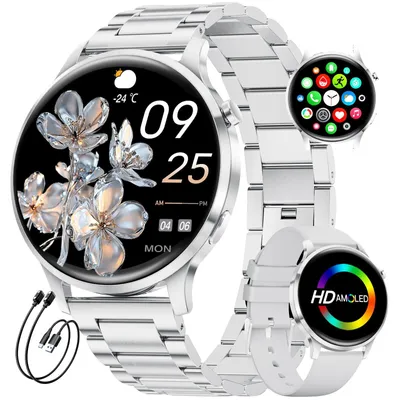 Obrázok produktu pre Chytré hodinky pre dámy s telefónnou funkciou, AMOLED displej, viac ako 100 športových režimov, monitor srdcovej frekvencie a spánku, dámske hodinky, vodotesnosť IP68, športové hodinky kompatibilné s iOS, strieborná farba