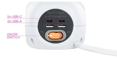 Produktbild von Steckdosenleiste mit 4 USB-Anschlüssen und einem Schalter zur einfachen Steuerun