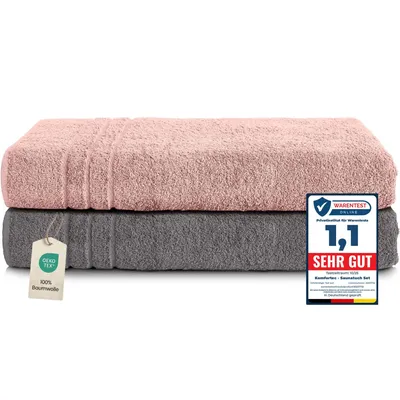 Produktbild von Komfortec 2er Saunatuch Set 80x200 cm aus 100% Baumwolle, XXL-Saunatücher, Sauna Handtuch, Weich, Groß, Frottee, Schnelltrocknend, Anthrazit Grau/Blütenrosa