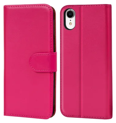 A pink flip case for a smartphone is shown open and closed, with the phone visible in the closed position.