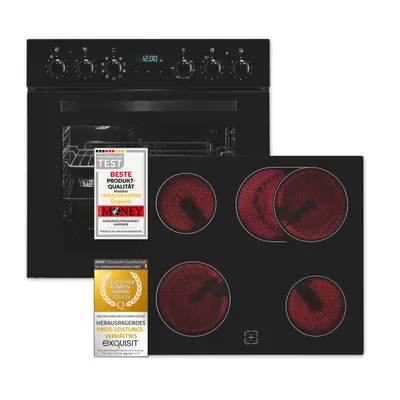 A black built-in oven and a black induction hob are shown together, with promotional badges on the oven door and hob.