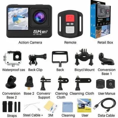 Zdjęcie produktu dla Kamera sportowa - 5K Ultra HD - 24 MP - Podwójny ekran - Wodoodporna - WiFi - Czarna