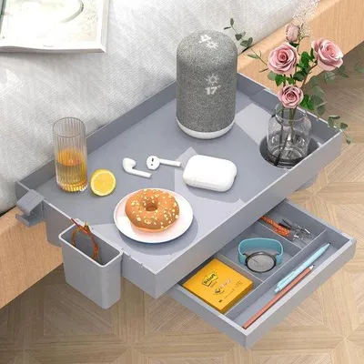 Produktbild von Inklapbares Nachtschrank, Bettgestell für Studenten, Bettgestell für Kinder, mit Schublade, Trinkbecherhalter, Haken, 24,5 x 37,5 cm, grau