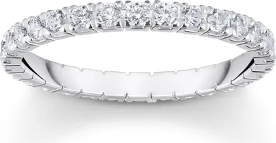 A close-up studio shot of a diamond eternity ring.