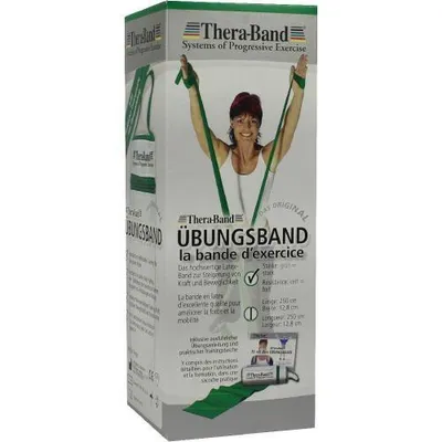 A box for a Thera-Band exercise band, showing the product and a woman using it.