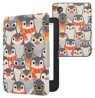 Produktbild von kwmobile Schutzhülle für Kobo Clara 2E / Tolino Shine 4 Hülle - eReader Flip Case mit Auto Sleep Funktion - Pinguine mit Grau Gelb Braun