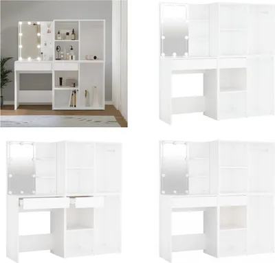 Produktbild von vidaXL LED Schminktisch mit 2 Schränken Weiß Holzwerkstoff - LED Schminktisch Mit Schrank - LED Schminktische Mit Schränke - Schminktisch - Frisiertisch