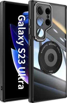 Produktbild von Handyhülle für Samsung Galaxy S23 Ultra Transparent Militärschutz mit Magnetring Ständer und Kameraabdeckung Schwarz