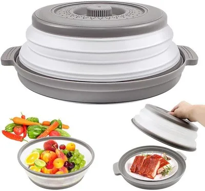 Zdjęcie produktu dla Ibenzoa® Składana osłona do mikrofalówki – odporna na wysokie temperatury i wolna od BPA, szara, 27×2 cm (złożona) / 27×8 cm (rozłożona), miękki silikon (TPR+PP), można myć w zmywarce