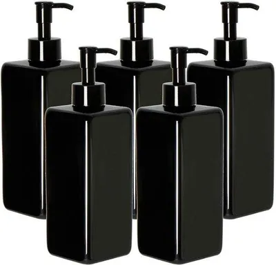 Productafbeelding van Unyqoos® Set van 5 herbruikbare pompflessen, 500 ml, zwart, BPA-vrij – afsluitbare dispensers voor badkamer en keuken