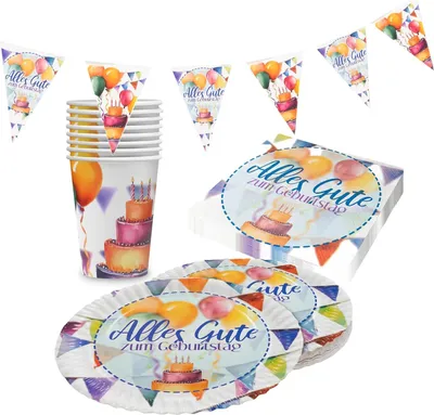 Produktbild von Happy Birthday Partyset – 4-teilig mit Tellern, Bechern, Servietten, Wimpelkette