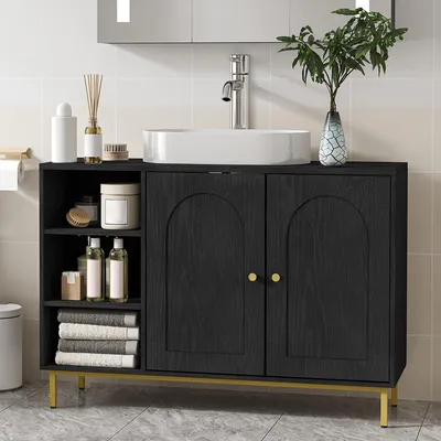Image de Meuble sous-lavabo noir avec découpe en U et étagères réglables