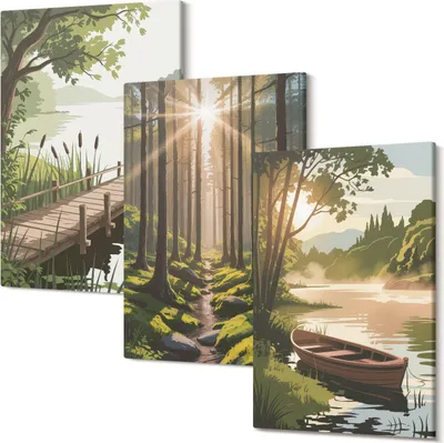 Obrázok produktu pre Obraz Na Plátne – Foto Na Plátno – Fotoplátno – Vyšoká Kvalita – Tlač Fotografii – Rám Z Dreva – Matné Plátno – Pripravené Na Zavesenie – Set 3 Kusy – 40x60 Cm – Pokojná krajina lesa a jazera s loďou