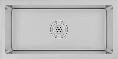 A top-down view of a stainless steel sink with a drain.