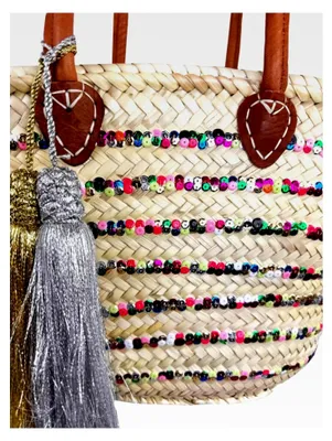 Produktbild von Korbtasche Strandtasche mit bunten Pailletten und Quasten - Shopper, Einkaufskorb, Flechtkorb