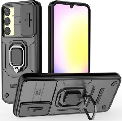 Produktbild von Hülle für Samsung Galaxy A25 Dual Layer Handyhülle Schiebe Kamera Schutz und Ringhalter Ständer Schwarz