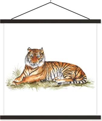 Produktbild von MuchoWow® Textilposter Tiger - Orange - Gras 120x120 cm mit schwarzem Rahmen - Aufhängungsset
