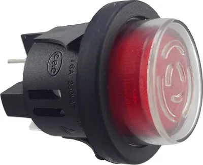 A close-up studio shot of a red illuminated push-button switch.
