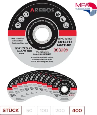 Immagine prodotto di AREBOS 400x 125 mm Dischi da taglio INOX 1,2 mm 2.200 giri/min EN12413