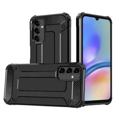 A black protective phone case is shown next to a smartphone.