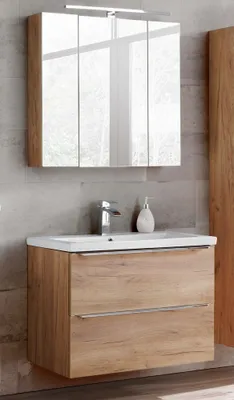 Produktbild von Badmöbel Set mit LED-Spiegelschrank, 80cm Keramik-Waschtisch TOSKANA-56 Wotaneiche BxHxT ca. B/H/T: 80/190/46cm