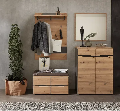 Produktbild von Garderoben Set in Artisan Eiche Nb. mit Graphit MANRESA-36 mit Sitzbank inkl. Kissen