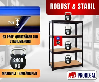 Produktbild von Schwerlastregal DINO | HxBxT 180x120x60cm | 4 MDF-Platten-Ebenen 6,5 mm | Fachlast 600kg | Schwarz