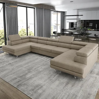 Produktbild von GOLDSTOFF ASTON U-Sofa mit Schlaffunktion und Bettkasten XXL | Ecksofa U-Form mit Komfort-Polsterung | Schlafsofa mit Stauraum (Greige)