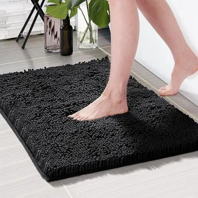 Produktbild von Unyqoos® Badematte aus 100% Polyester – flauschiger Chenille-Badvorleger 70 x 120 cm, schwarz, saugfähig & rutschfest (TPR), 1 Stück