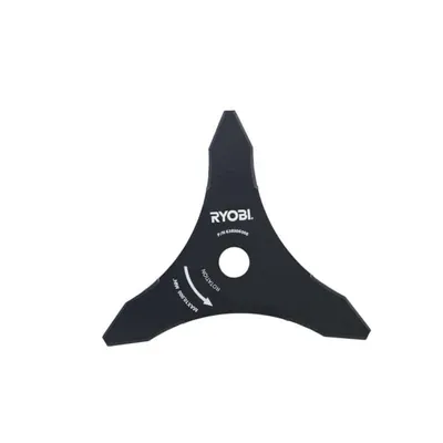 A black tri-arc blade for a string trimmer, with brand name and rotation direction indicated.