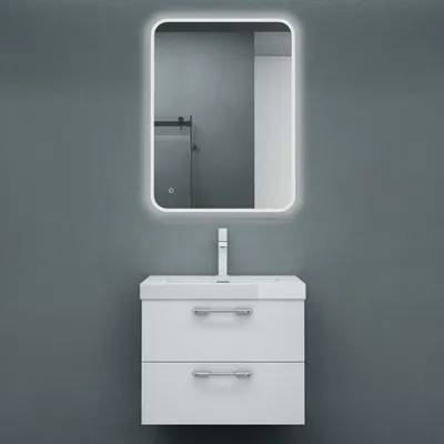 Image de doporro Meuble de Salle de Bains Blanc Mat Ensemble de 3 Pièces Meuble sous Vasque Suspendu avec Lavabo et Miroir Led 60cm 2 Tiroirs Design Bavaria