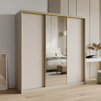 Produktbild von Masseno Schiebetürenschrank TAVI 200/205/60 cm Kleiderschrank mit Schubladen Schlafzimmer Schrank 3-türig mit Spiegel Kaschmir + Gold