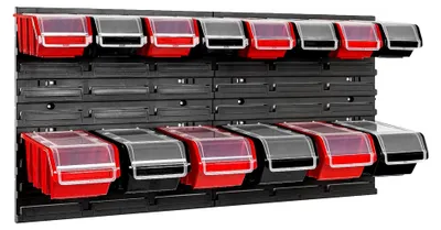 Produktbild von Stapelbox Wandregal 772 x 390 mm - Lagersystem mit 14 Boxen und Deckel - Sichtlagerkästen und Schüttenregal, Schwarz/Rot