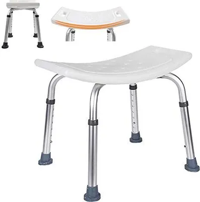 Three views of an adjustable shower stool.