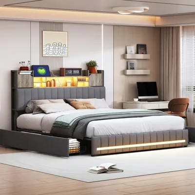 Produktbild von CDGlobal Polsterbett 140x190cm mit USB & Typ C, Stauraumbett Jugendbett mit 4 Schubladen, Doppelbett Holzbett mit LED & Lattenrost, Leinen, Grau