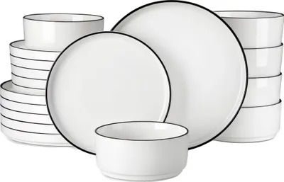 Zdjęcie produktu dla Zestaw naczyń MALACASA, elegancka ceramika, opcje 12-36 elementów, czarny brzeg, 36 SZTUK
