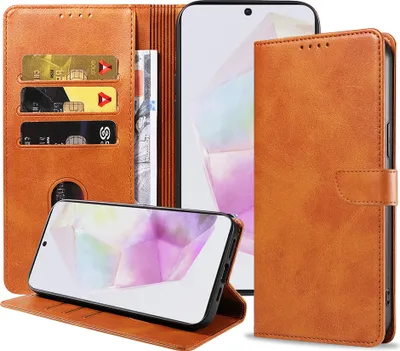 Zdjęcie produktu dla Etui na telefon Samsung Galaxy A35 ze sztucznej skóry z magnetyczną wargą i uchwytem na karty Etui z klapką - brązowe - Smartphonics