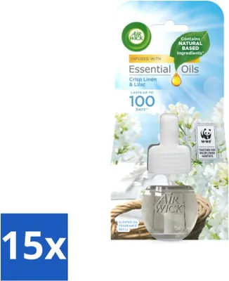 Productafbeelding van Air Wick – Luchtverfrisser navulling – Etherische oliën – Frisse linnen en vlierbloesem – Elektrische geurverspreider – 20 ml - Voordeelverpakking - 15 stuks