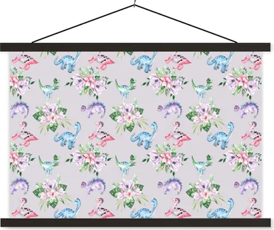 Produktbild von MuchoWow® Textilposter Kinderzimmer - Dinosaurier - Grau - Mädchen - Kinder - Rosa 120x80 cm mit schwarzem Rahmen - Wanddeko