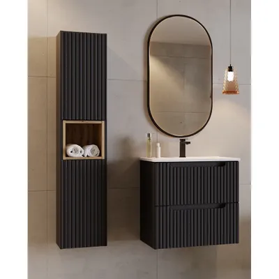 Produktbild von Badmöbel Set 3-teilig, 60cm Waschtisch, in schwarz mit Eiche, gerillte Front, NEWPORT-56-BLACK
