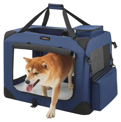 Productafbeelding van Feandrea inklapbare hondenbench, transportbox voor honden, groot (L), honden tas, Oxford-stof, gaas, ademend, draagbaar, transportabel, metalen frame, met handgrepen, zakken, 70 x 52 x 52 cm, donkerblauw, modelnummer PDC70Z