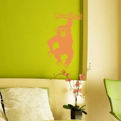 Produktbild von Wandtattoo - Wandaufkleber - Wandtattoo "Schimpanse" - 103cm x 58cm orange - Dekoration Küche Wohnzimmer Wand